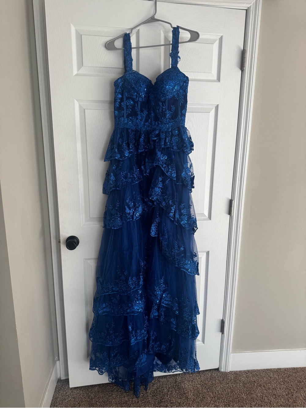 Amazon Cobalt Blue Tiered Lace Prom Gown